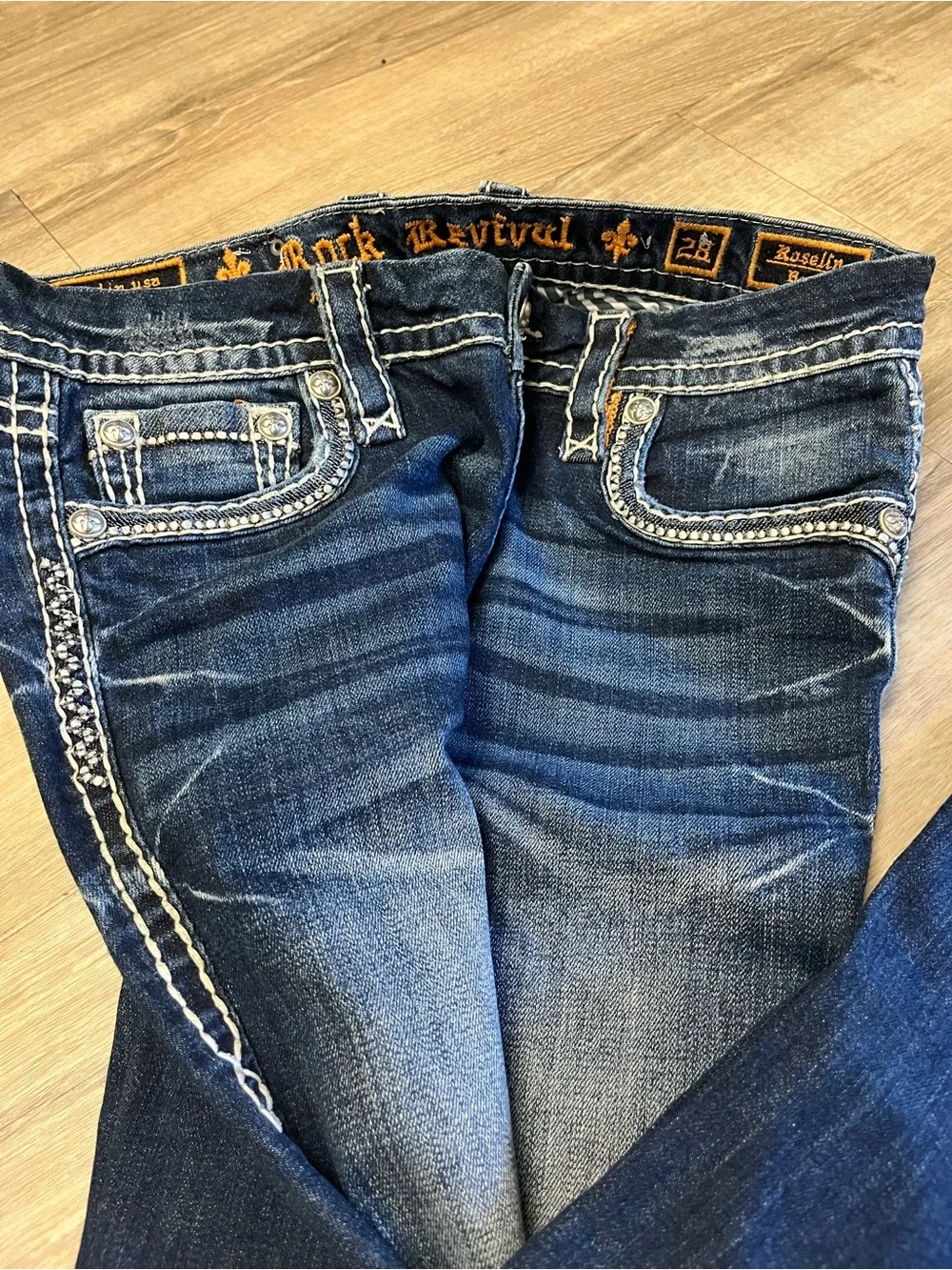 Rock Revival Dark Blue Boot Cut Jeans with Embroidered Pockets